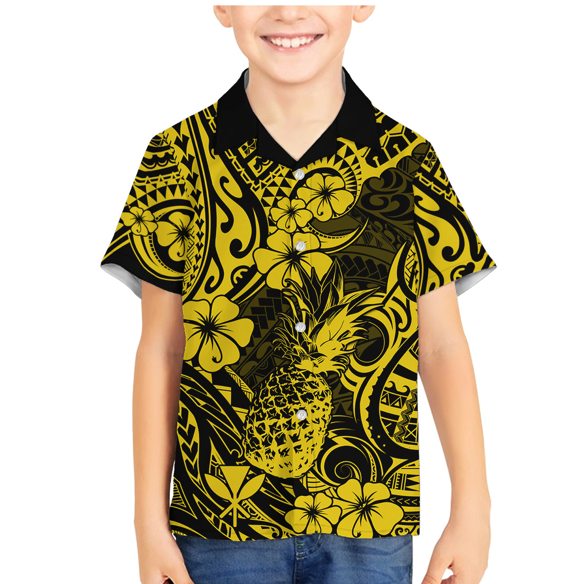 Hawaii Pineapple Family Matching Mermaid Dress and Hawaiian Shirt Polynesian Pattern Yellow Version - Wonder Print Shop