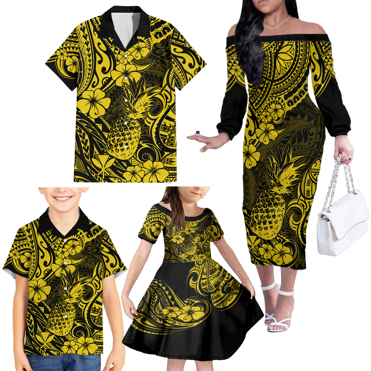 Hawaii Pineapple Family Matching Off Shoulder Long Sleeve Dress and Hawaiian Shirt Polynesian Pattern Yellow Version - Wonder Print Shop