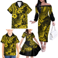 Hawaii Pineapple Family Matching Off Shoulder Long Sleeve Dress and Hawaiian Shirt Polynesian Pattern Yellow Version - Wonder Print Shop