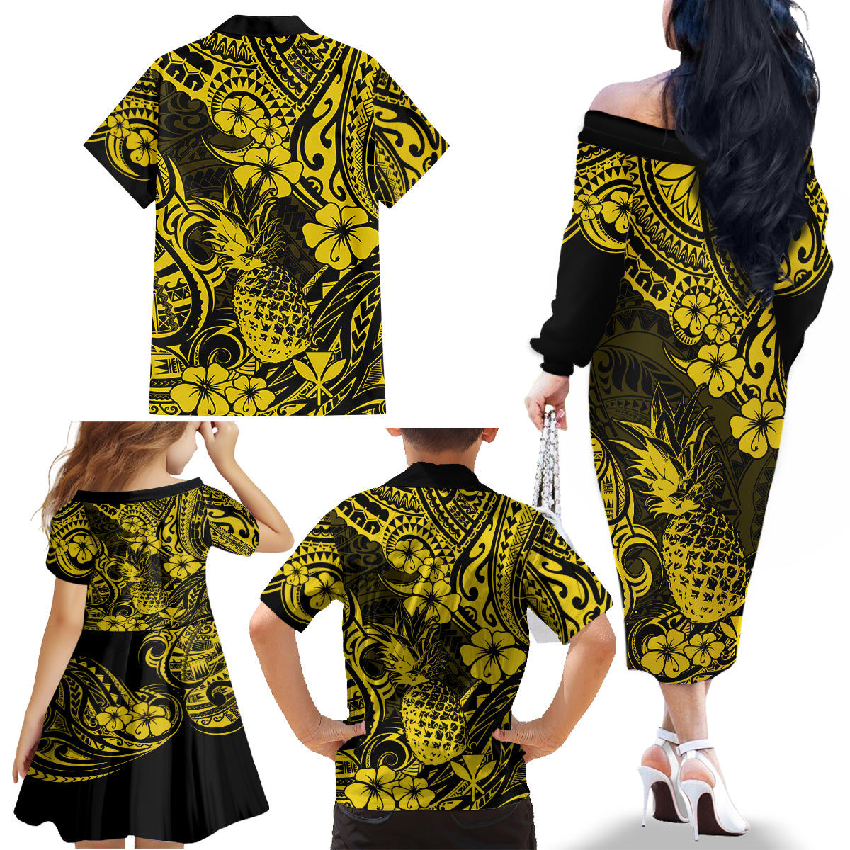 Hawaii Pineapple Family Matching Off Shoulder Long Sleeve Dress and Hawaiian Shirt Polynesian Pattern Yellow Version - Wonder Print Shop