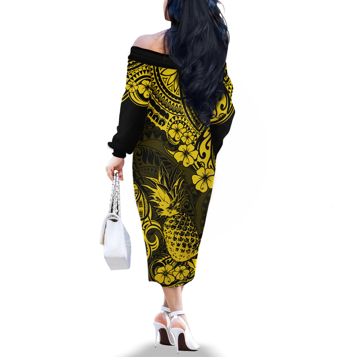 Hawaii Pineapple Family Matching Off Shoulder Long Sleeve Dress and Hawaiian Shirt Polynesian Pattern Yellow Version - Wonder Print Shop