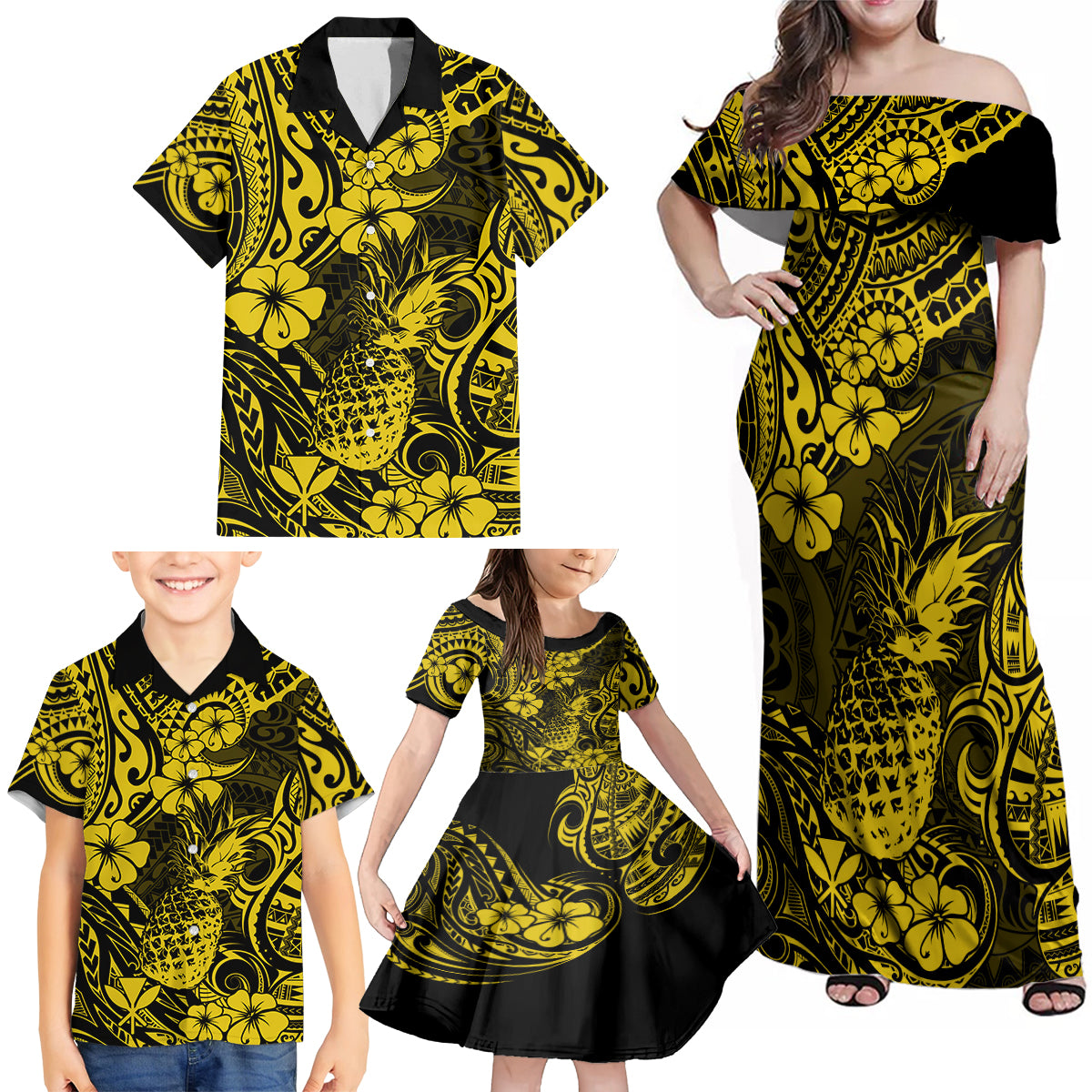 Hawaii Pineapple Family Matching Off Shoulder Maxi Dress and Hawaiian Shirt Polynesian Pattern Yellow Version - Wonder Print Shop