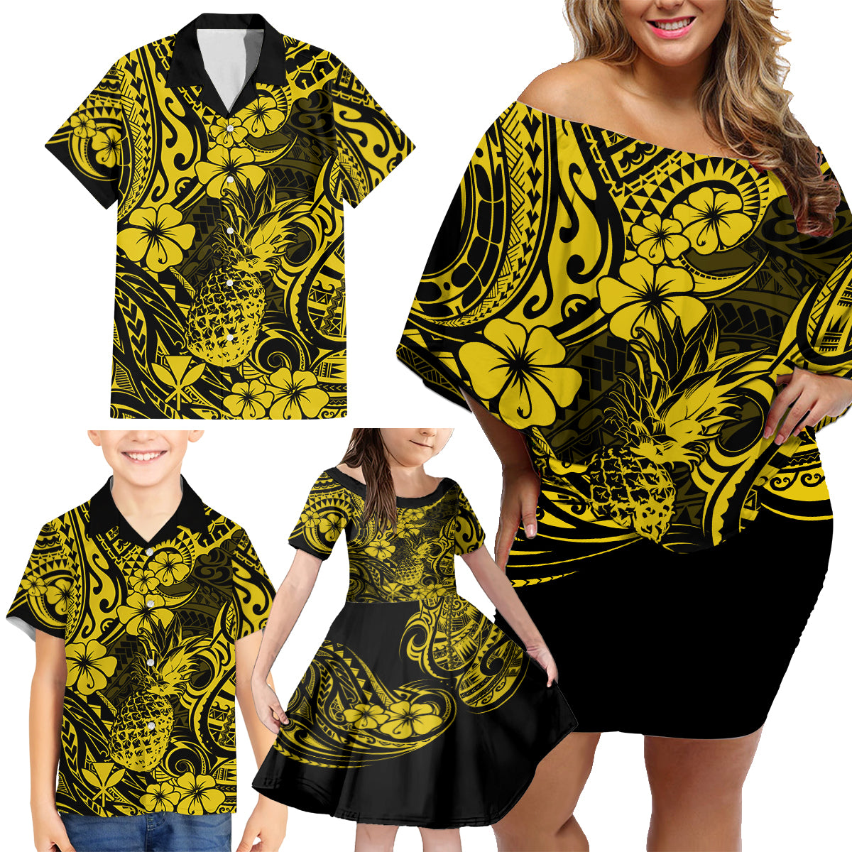 Hawaii Pineapple Family Matching Off Shoulder Short Dress and Hawaiian Shirt Polynesian Pattern Yellow Version - Wonder Print Shop