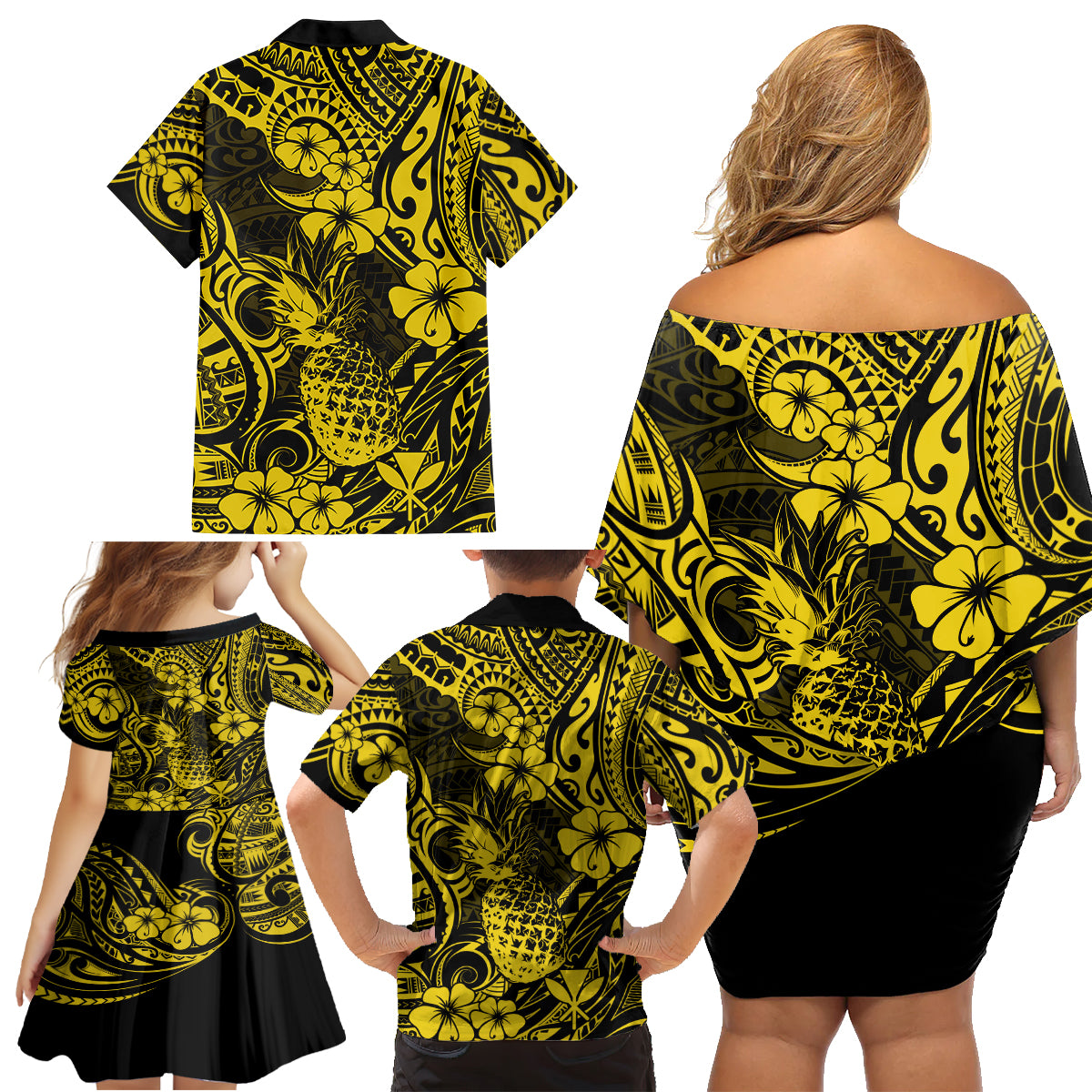 Hawaii Pineapple Family Matching Off Shoulder Short Dress and Hawaiian Shirt Polynesian Pattern Yellow Version - Wonder Print Shop
