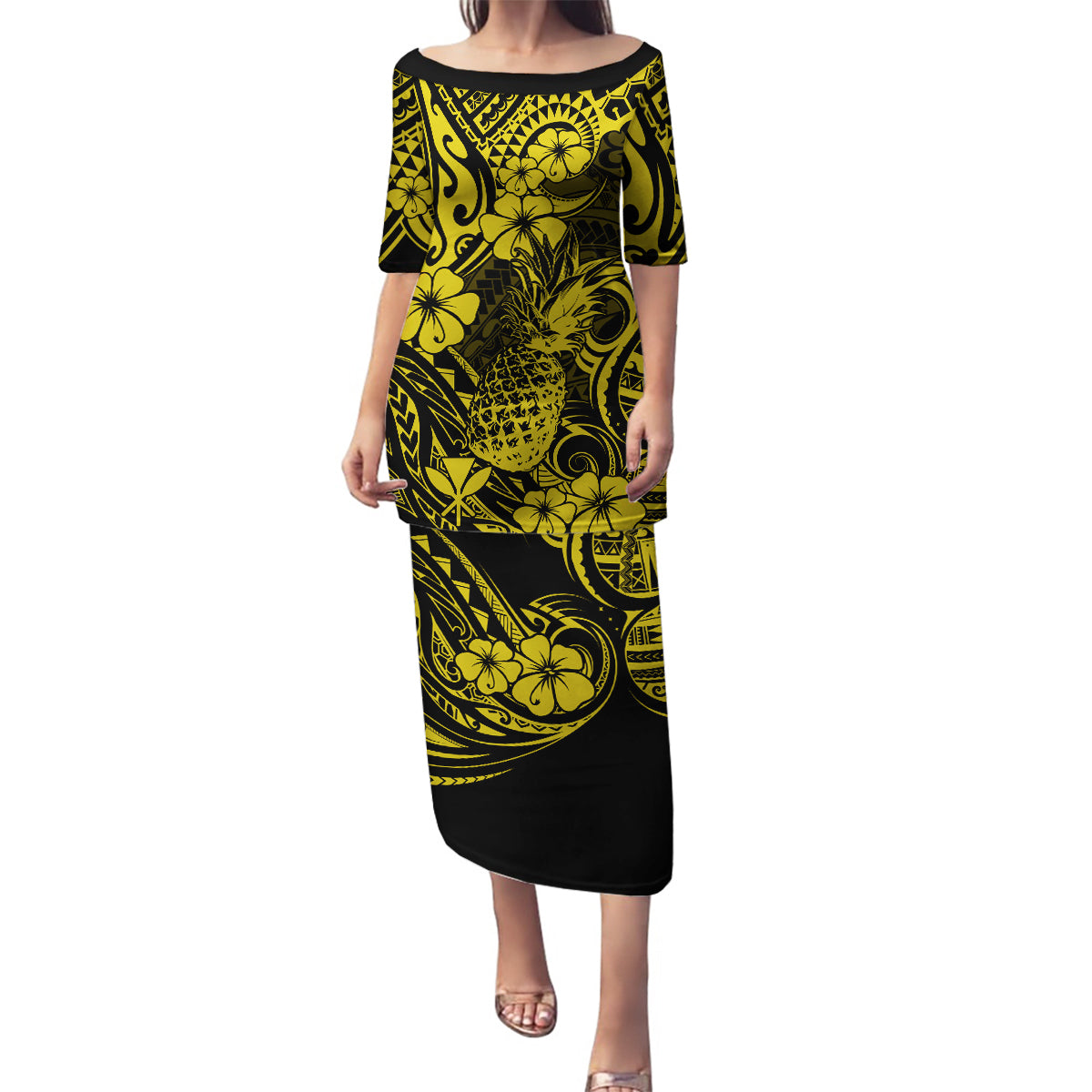Hawaii Pineapple Family Matching Puletasi Dress and Hawaiian Shirt Polynesian Pattern Yellow Version - Wonder Print Shop