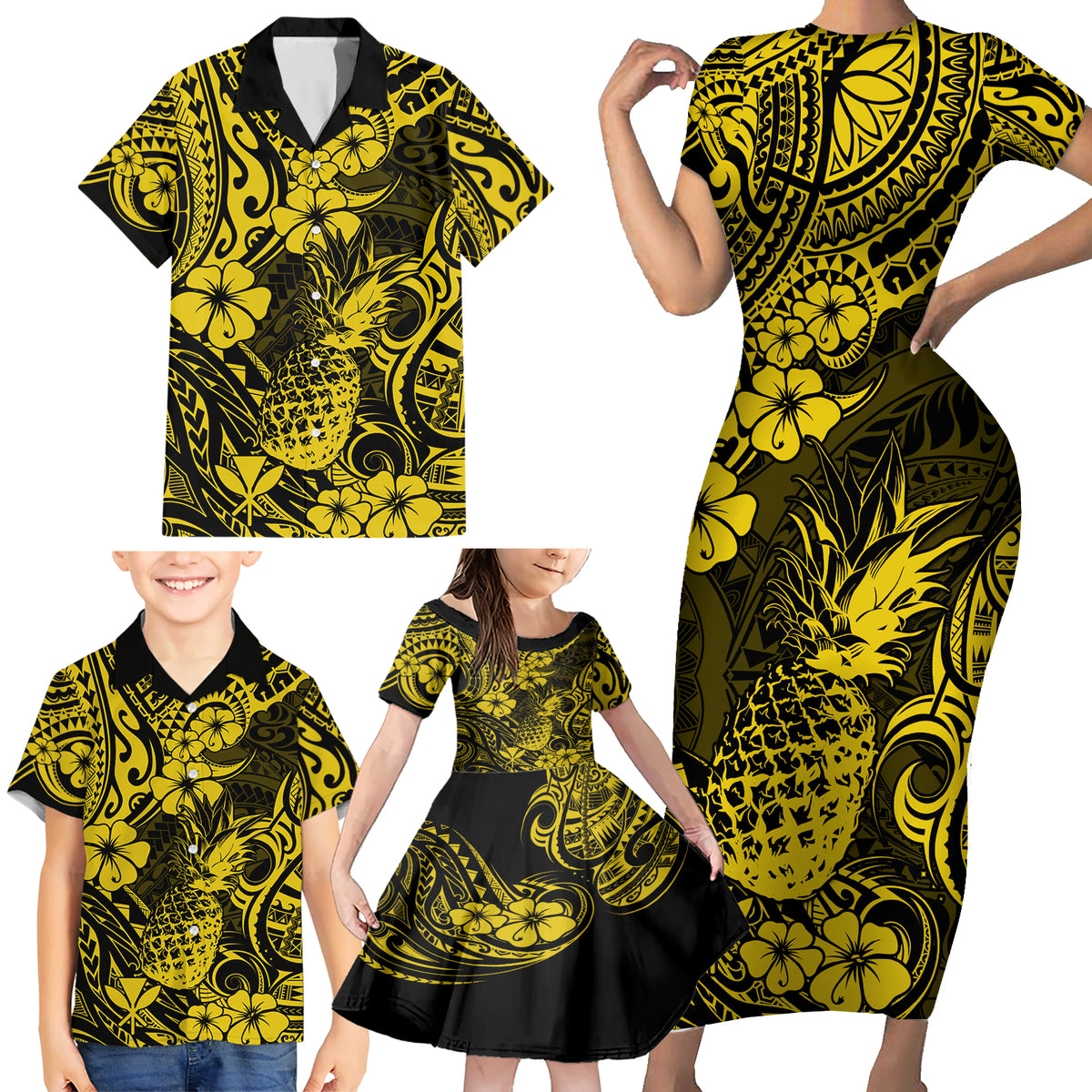 Hawaii Pineapple Family Matching Short Sleeve Bodycon Dress and Hawaiian Shirt Polynesian Pattern Yellow Version - Wonder Print Shop