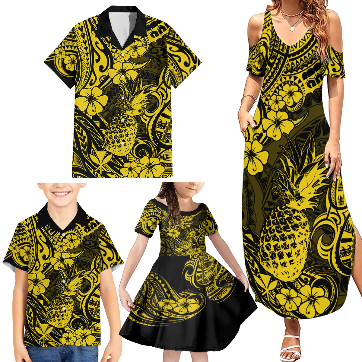 Hawaii Pineapple Family Matching Summer Maxi Dress and Hawaiian Shirt Polynesian Pattern Yellow Version - Wonder Print Shop