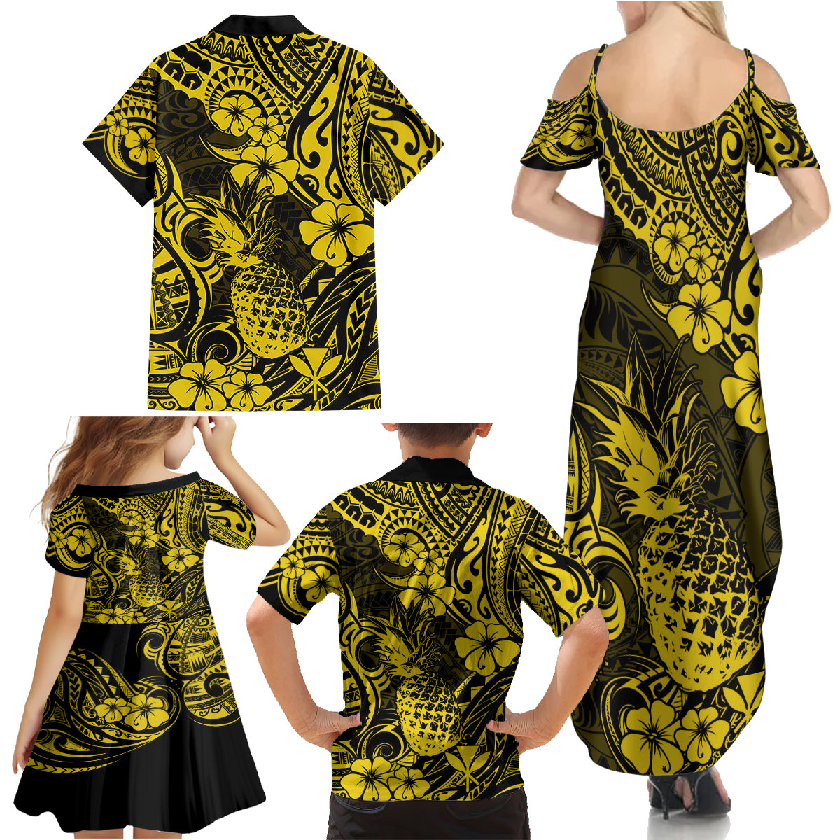 Hawaii Pineapple Family Matching Summer Maxi Dress and Hawaiian Shirt Polynesian Pattern Yellow Version - Wonder Print Shop