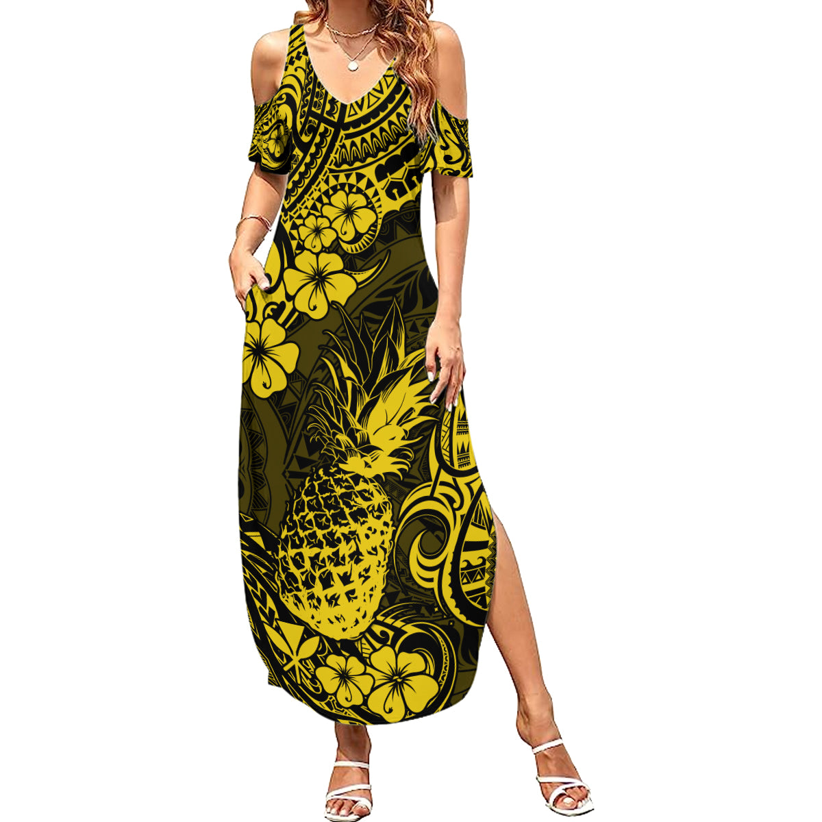 Hawaii Pineapple Family Matching Summer Maxi Dress and Hawaiian Shirt Polynesian Pattern Yellow Version - Wonder Print Shop