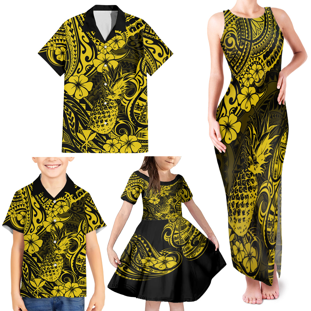 Hawaii Pineapple Family Matching Tank Maxi Dress and Hawaiian Shirt Polynesian Pattern Yellow Version - Wonder Print Shop