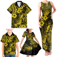 Hawaii Pineapple Family Matching Tank Maxi Dress and Hawaiian Shirt Polynesian Pattern Yellow Version - Wonder Print Shop