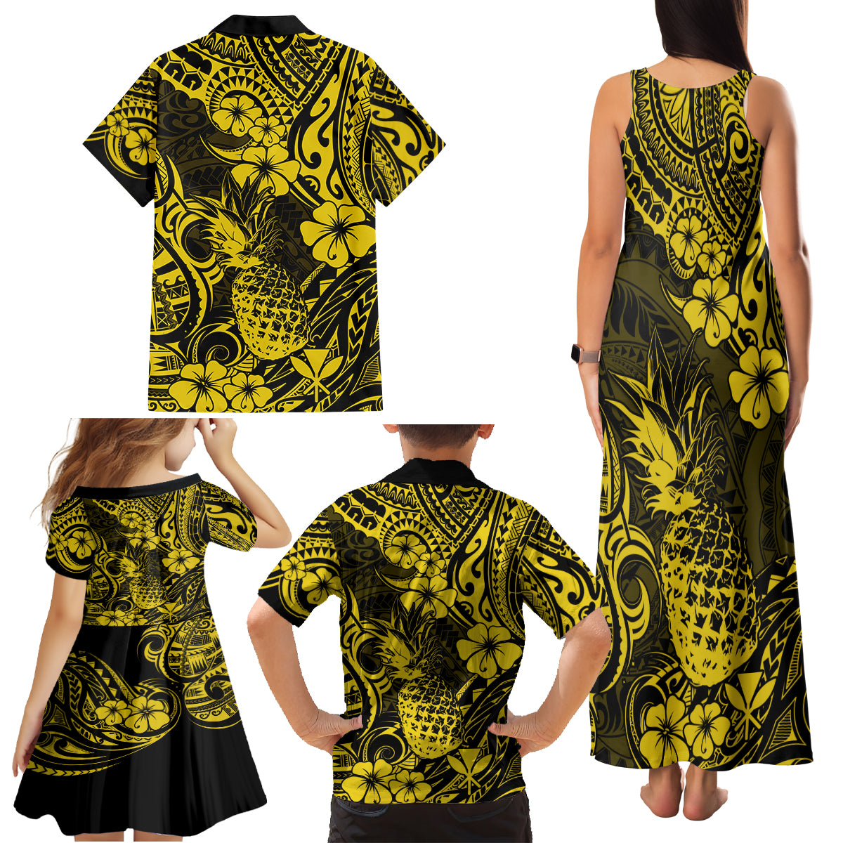 Hawaii Pineapple Family Matching Tank Maxi Dress and Hawaiian Shirt Polynesian Pattern Yellow Version - Wonder Print Shop