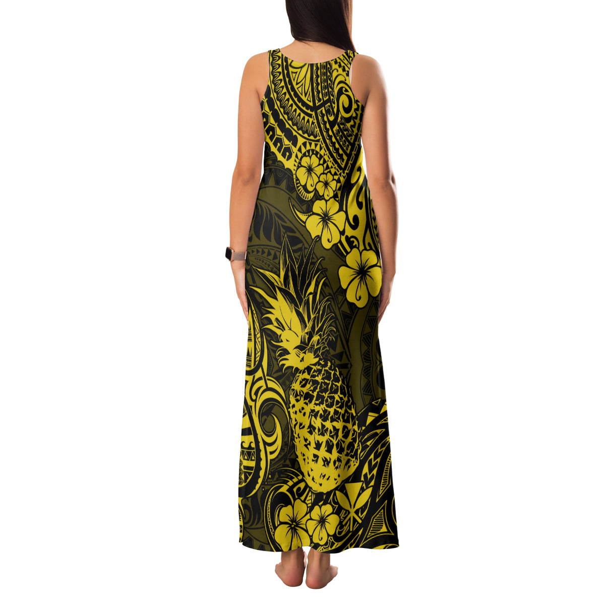Hawaii Pineapple Family Matching Tank Maxi Dress and Hawaiian Shirt Polynesian Pattern Yellow Version - Wonder Print Shop