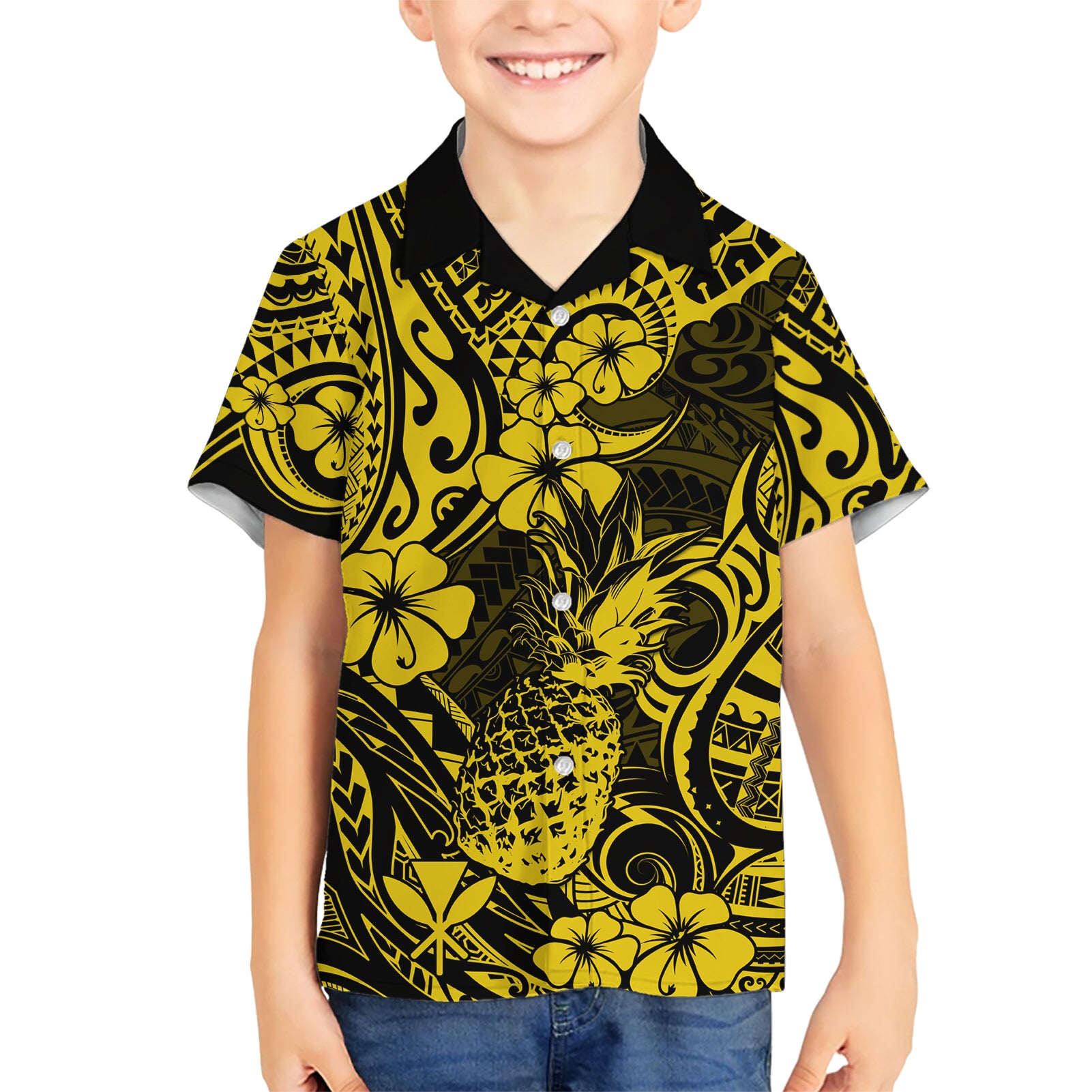 Hawaii Pineapple Kid Hawaiian Shirt Polynesian Pattern Yellow Version - Wonder Print Shop