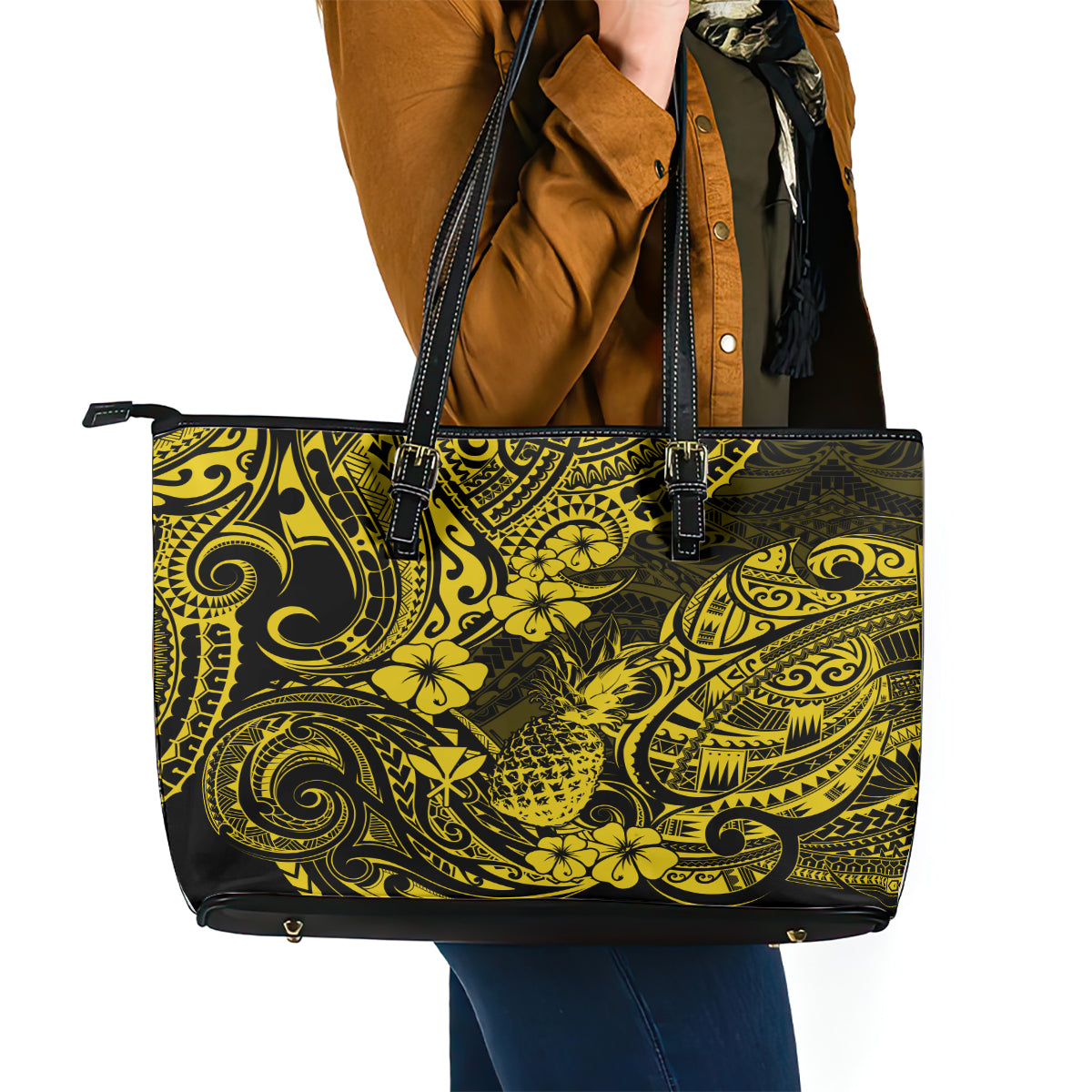 Hawaii Pineapple Leather Tote Bag Polynesian Pattern Yellow Version - Wonder Print Shop
