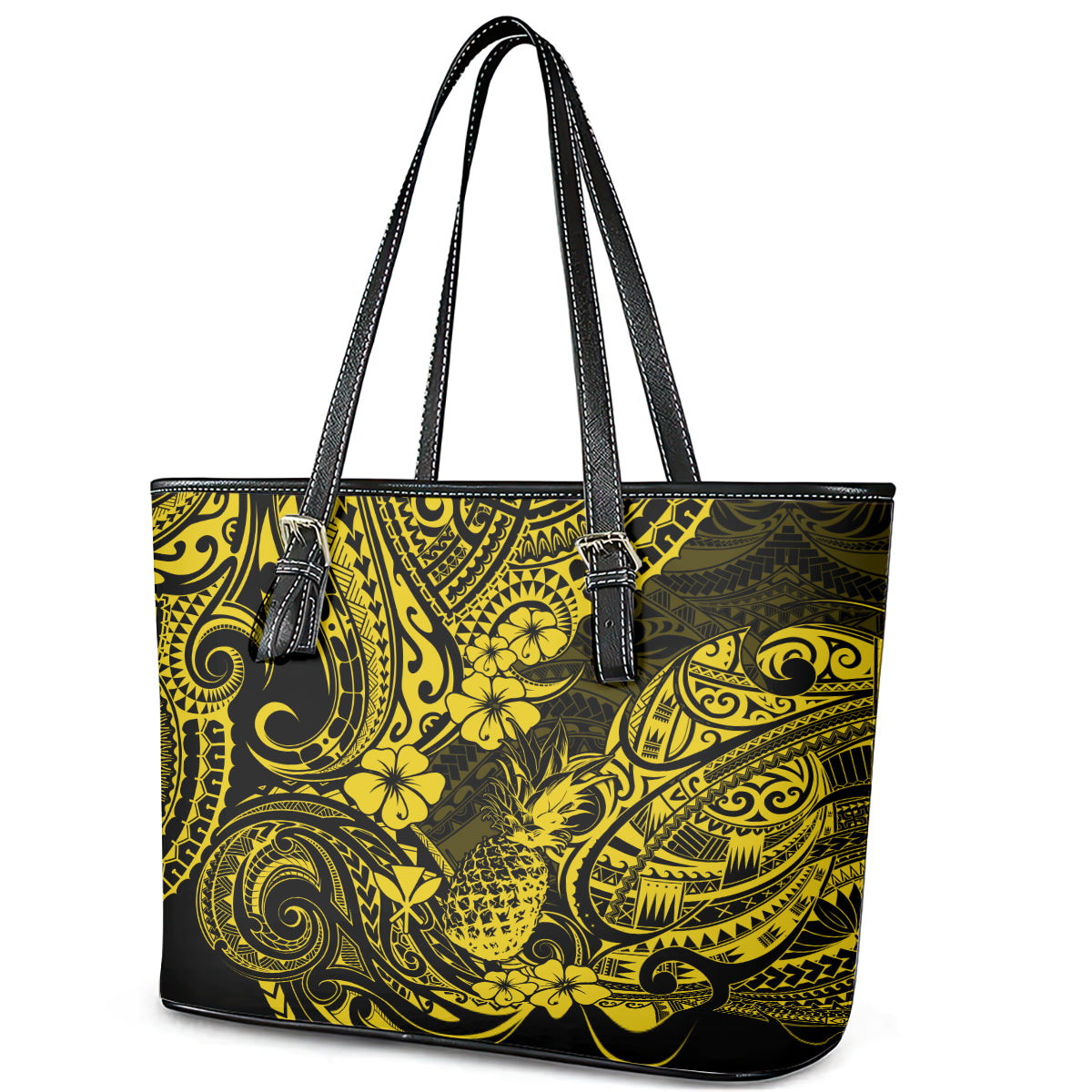 Hawaii Pineapple Leather Tote Bag Polynesian Pattern Yellow Version - Wonder Print Shop