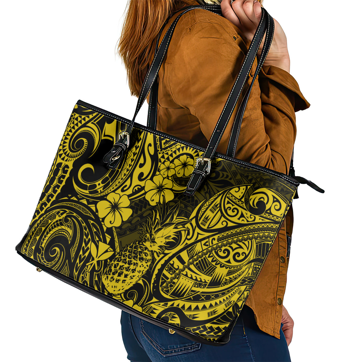 Hawaii Pineapple Leather Tote Bag Polynesian Pattern Yellow Version - Wonder Print Shop