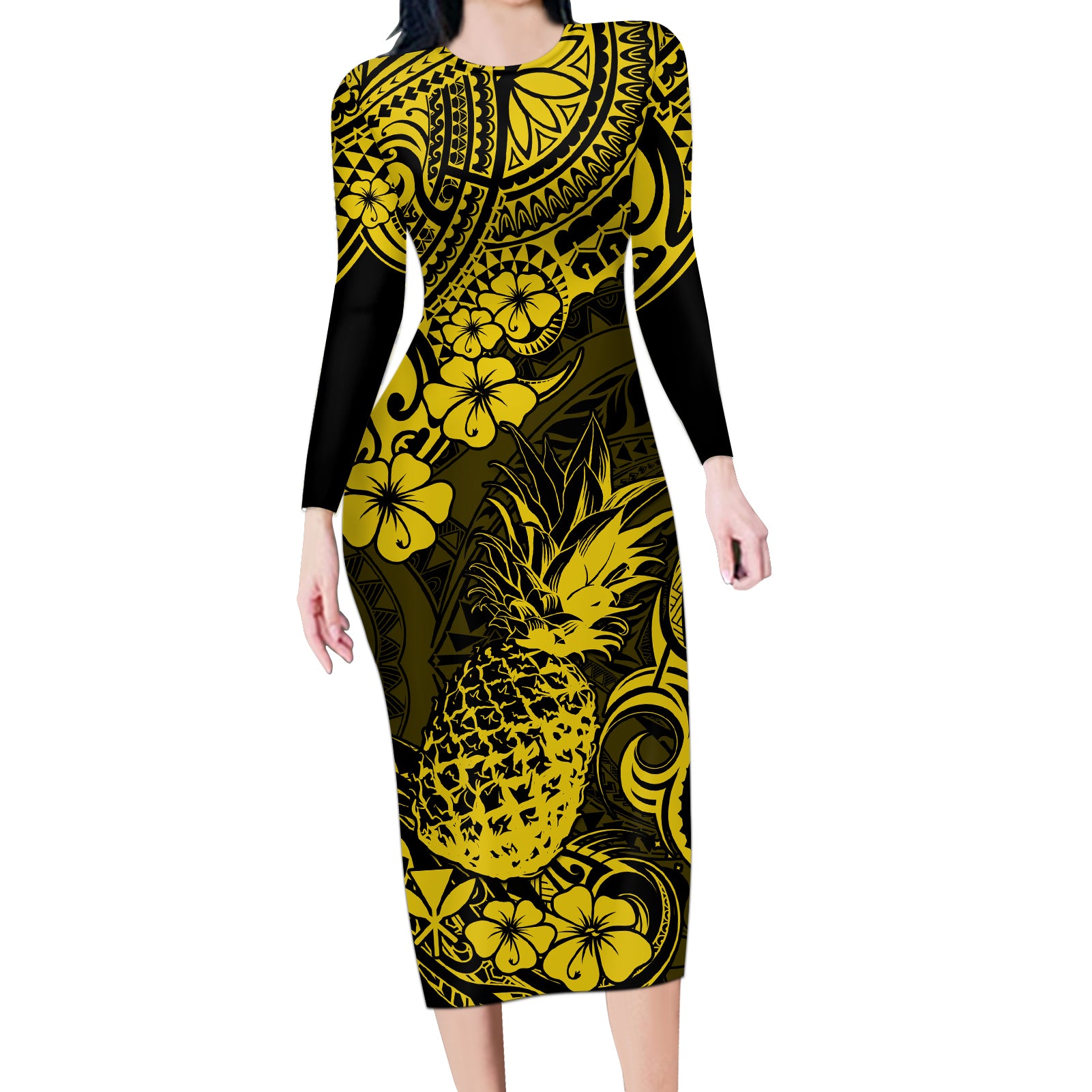Hawaii Pineapple Long Sleeve Bodycon Dress Polynesian Pattern Yellow Version - Wonder Print Shop