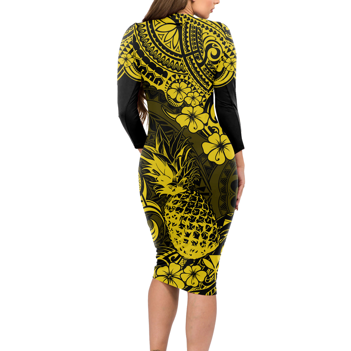 Hawaii Pineapple Long Sleeve Bodycon Dress Polynesian Pattern Yellow Version - Wonder Print Shop