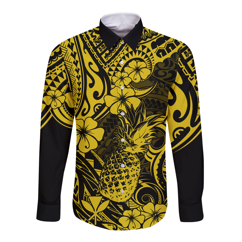 Hawaii Pineapple Long Sleeve Button Shirt Polynesian Pattern Yellow Version - Wonder Print Shop
