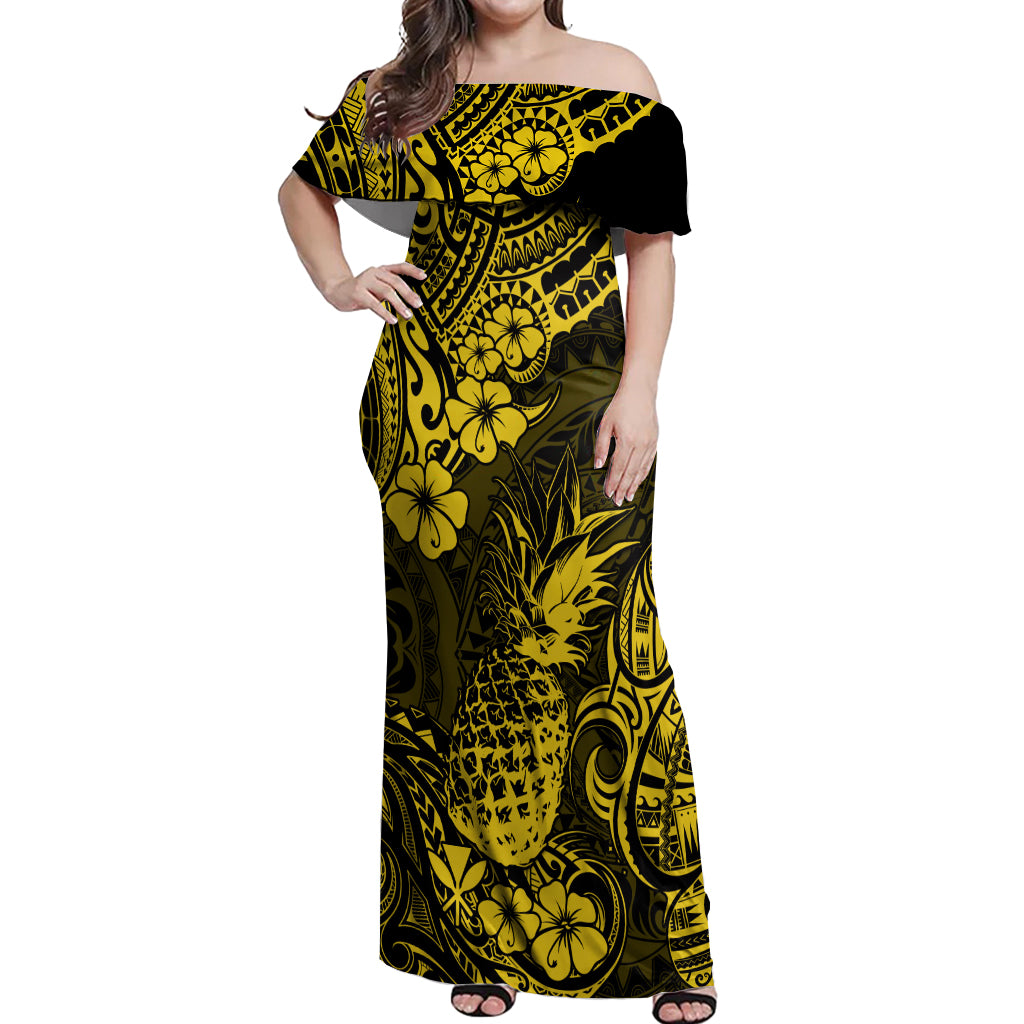 Hawaii Pineapple Off Shoulder Maxi Dress Polynesian Pattern Yellow Version - Wonder Print Shop