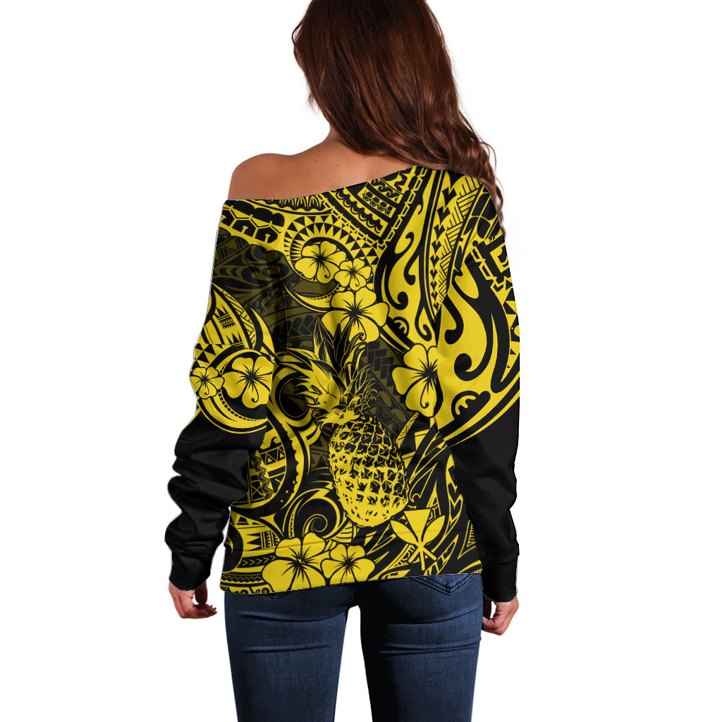 Hawaii Pineapple Off Shoulder Sweater Polynesian Pattern Yellow Version - Wonder Print Shop