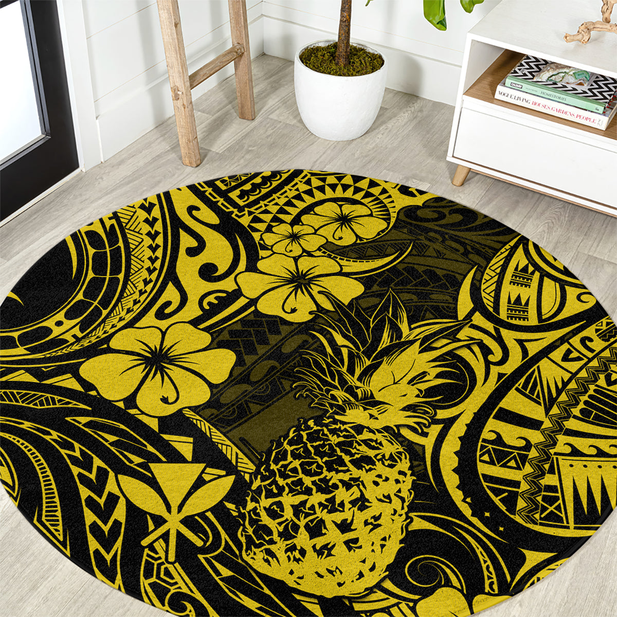 hawaii-pineapple-round-carpet-polynesian-pattern-yellow-version