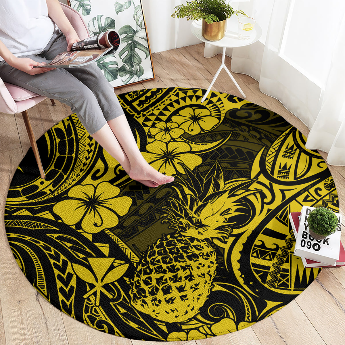hawaii-pineapple-round-carpet-polynesian-pattern-yellow-version