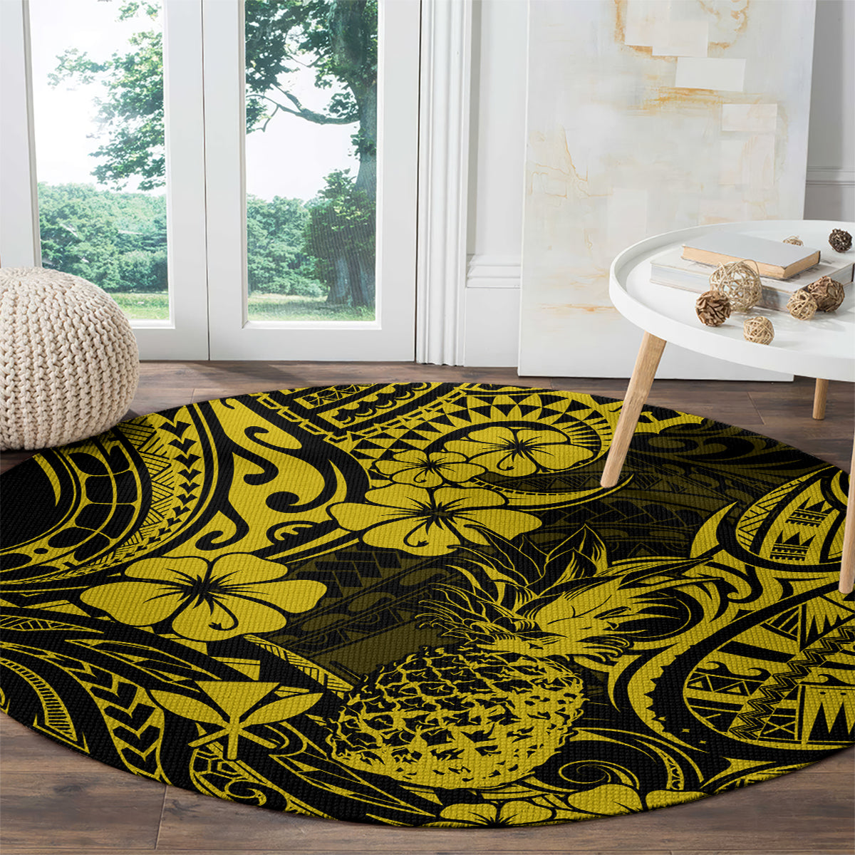 hawaii-pineapple-round-carpet-polynesian-pattern-yellow-version