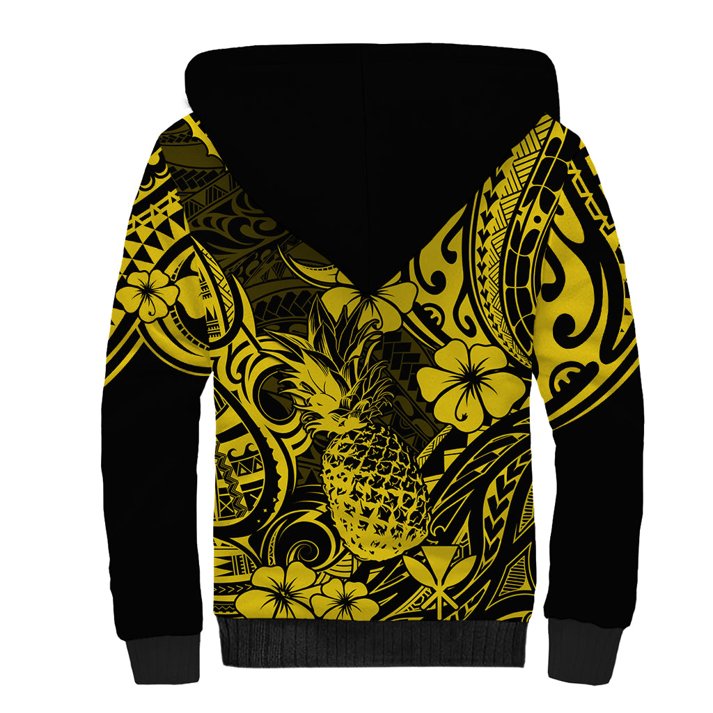Hawaii Pineapple Sherpa Hoodie Polynesian Pattern Yellow Version - Wonder Print Shop