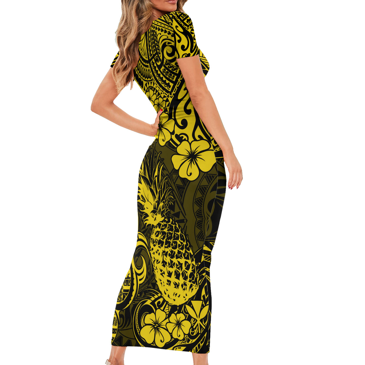 Hawaii Pineapple Short Sleeve Bodycon Dress Polynesian Pattern Yellow Version - Wonder Print Shop