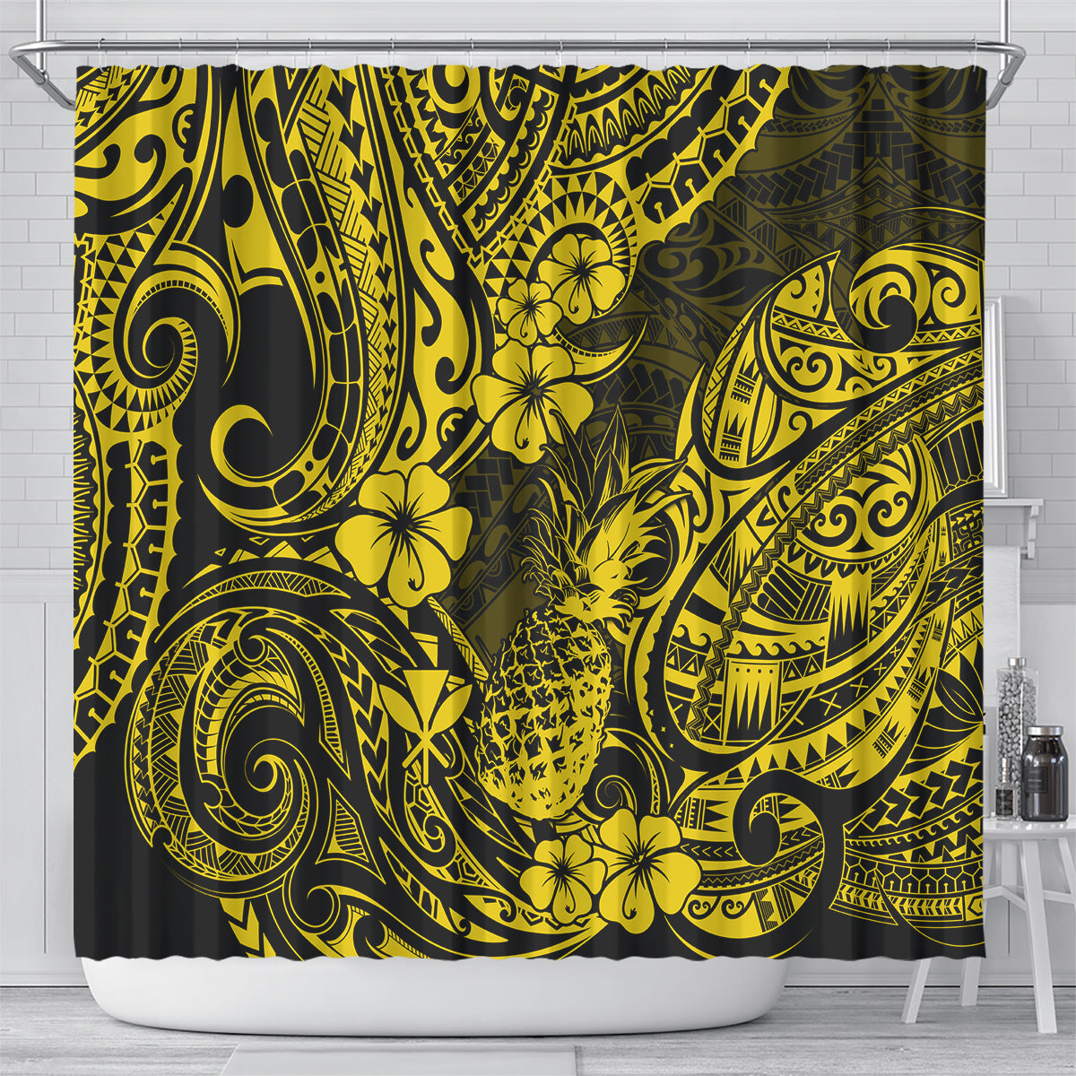 hawaii-pineapple-shower-curtain-polynesian-pattern-yellow-version