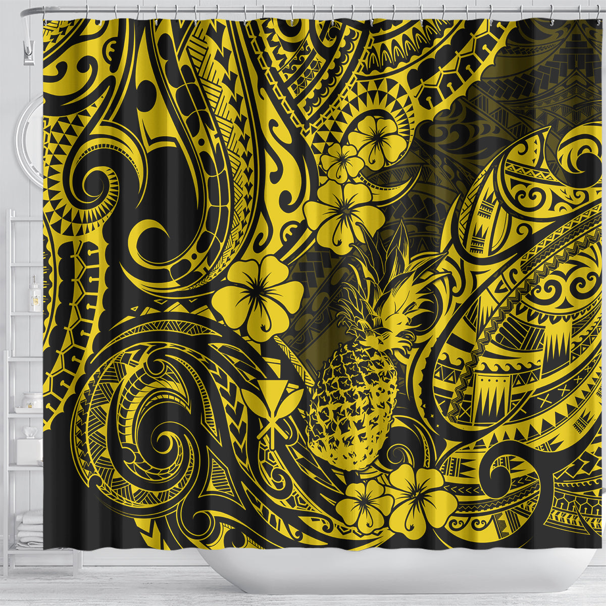 hawaii-pineapple-shower-curtain-polynesian-pattern-yellow-version