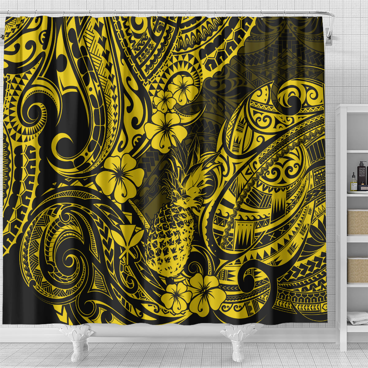 hawaii-pineapple-shower-curtain-polynesian-pattern-yellow-version