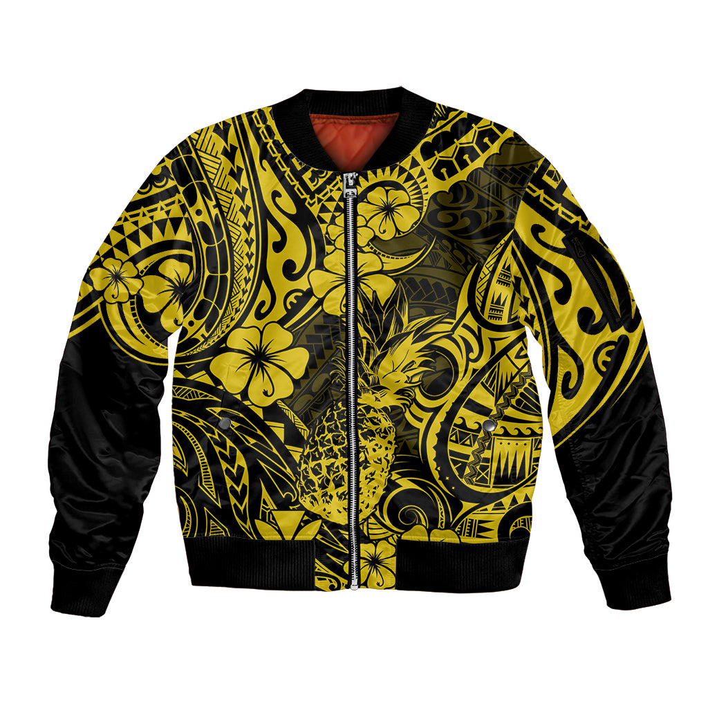 Hawaii Pineapple Sleeve Zip Bomber Jacket Polynesian Pattern Yellow Version - Wonder Print Shop