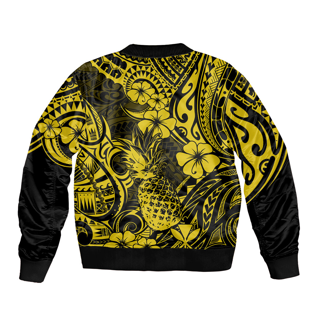 Hawaii Pineapple Sleeve Zip Bomber Jacket Polynesian Pattern Yellow Version - Wonder Print Shop