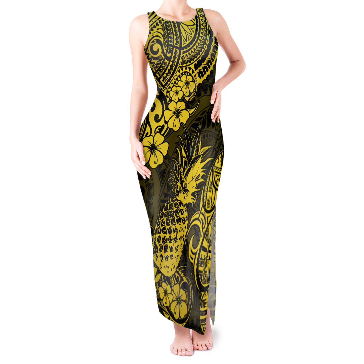 Hawaii Pineapple Tank Maxi Dress Polynesian Pattern Yellow Version - Wonder Print Shop