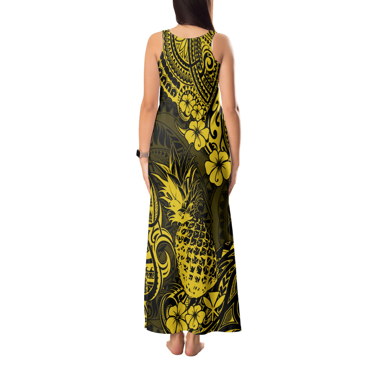 Hawaii Pineapple Tank Maxi Dress Polynesian Pattern Yellow Version - Wonder Print Shop