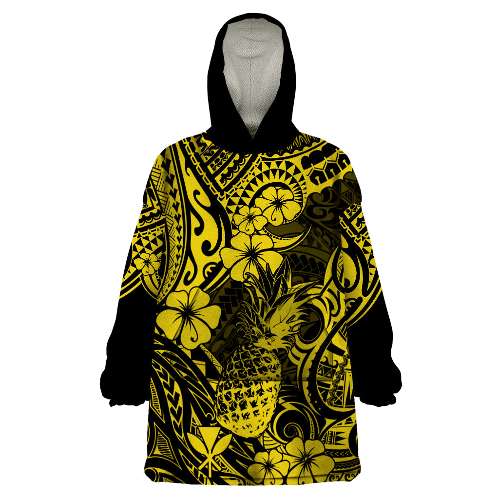 Hawaii Pineapple Wearable Blanket Hoodie Polynesian Pattern Yellow Version - Wonder Print Shop