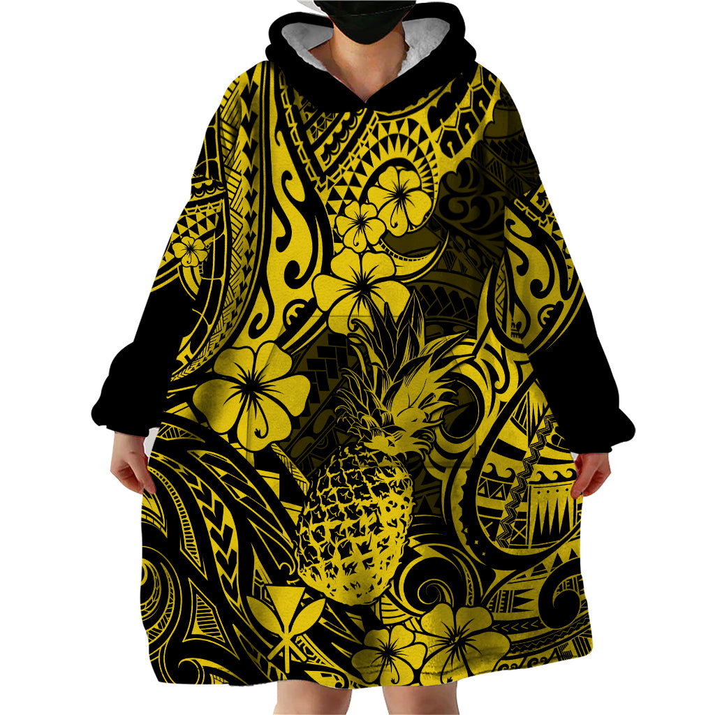 Hawaii Pineapple Wearable Blanket Hoodie Polynesian Pattern Yellow Version - Wonder Print Shop