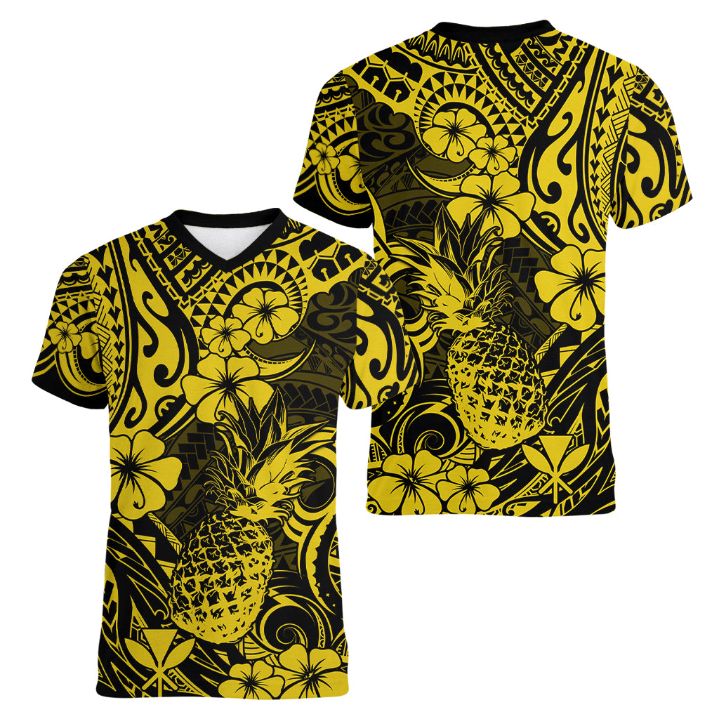Hawaii Pineapple Women V Neck T Shirt Polynesian Pattern Yellow Version - Wonder Print Shop