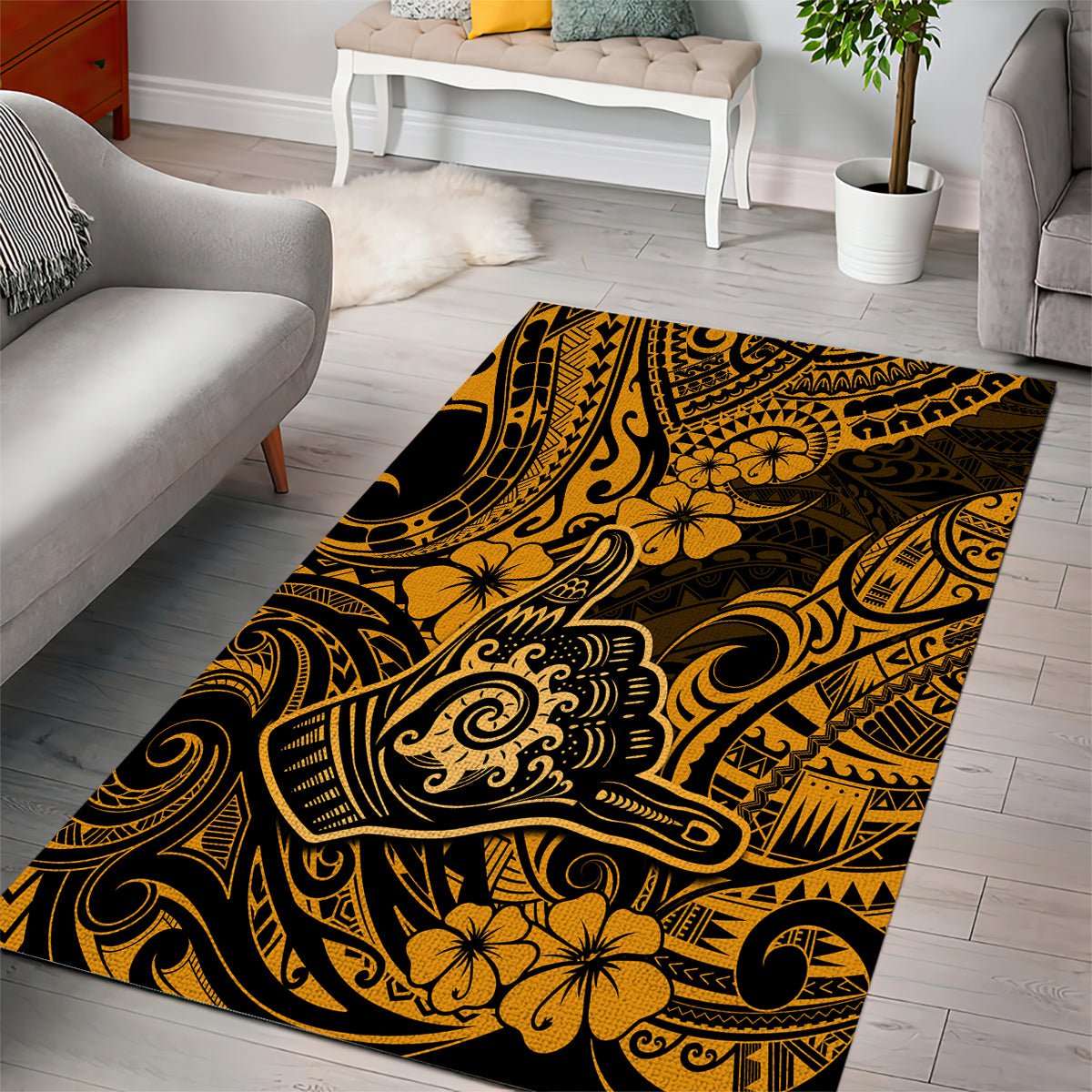 Hawaii Shaka Sign Area Rug With Polynesian Hibiscus Gold Unique - Wonder Print Shop