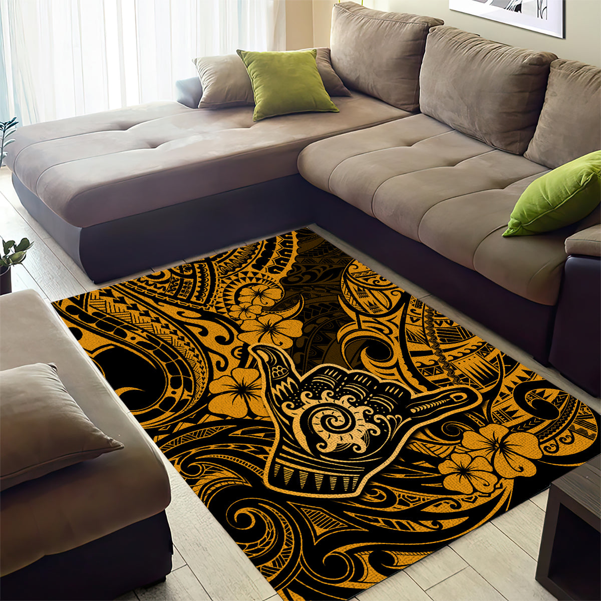Hawaii Shaka Sign Area Rug With Polynesian Hibiscus Gold Unique - Wonder Print Shop