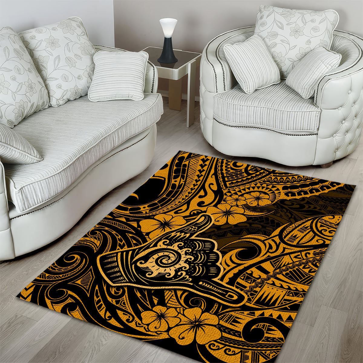 Hawaii Shaka Sign Area Rug With Polynesian Hibiscus Gold Unique - Wonder Print Shop
