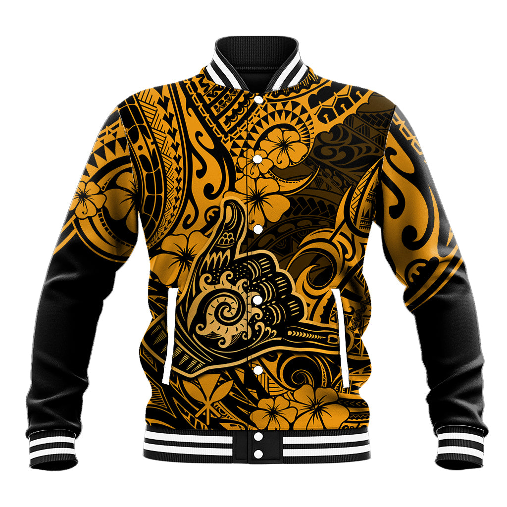 Hawaii Shaka Sign Baseball Jacket With Polynesian Hibiscus Gold Unique - Wonder Print Shop