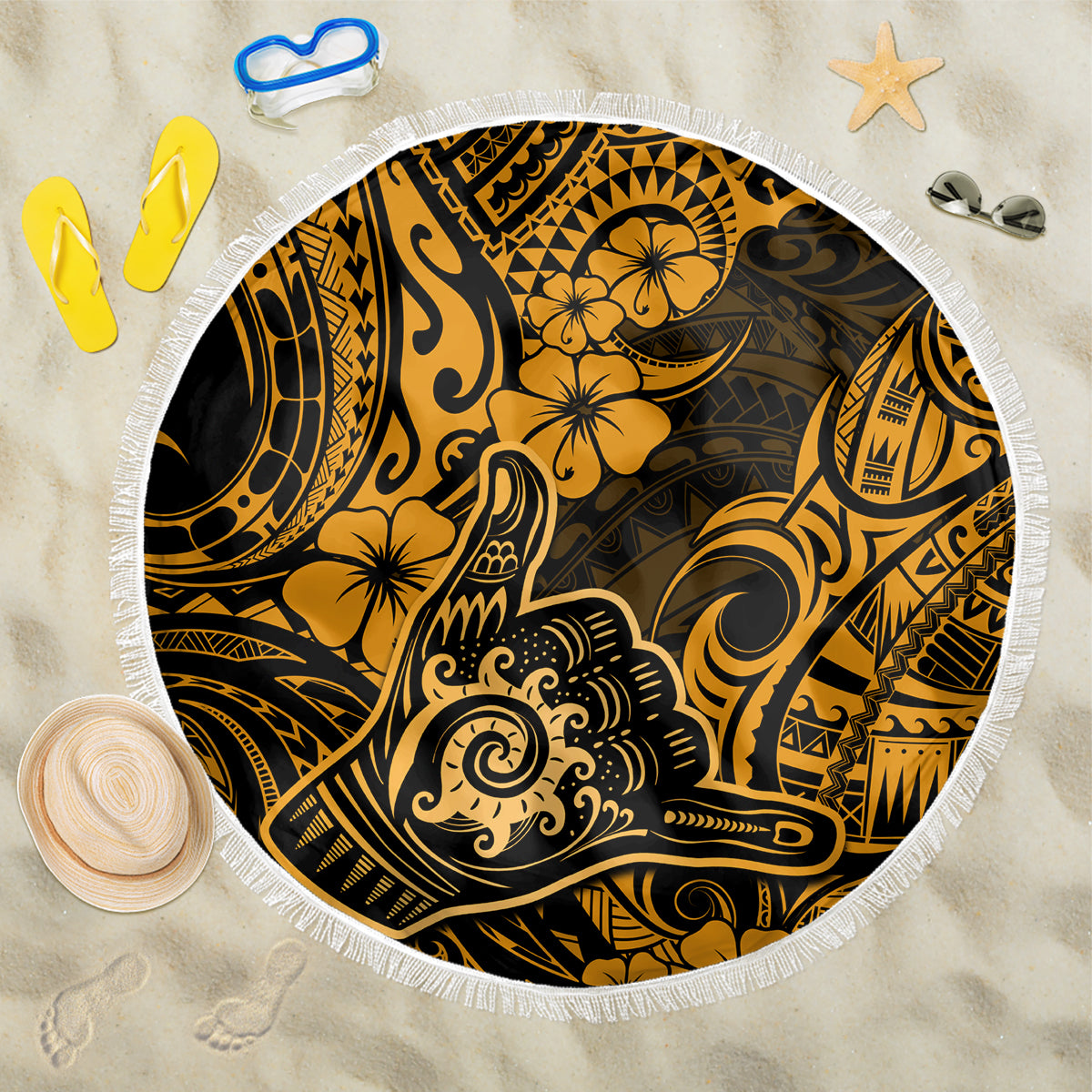 Hawaii Shaka Sign Beach Blanket With Polynesian Hibiscus Gold Unique - Wonder Print Shop