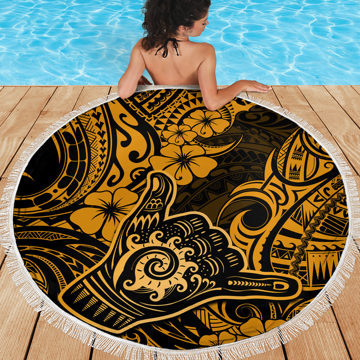 Hawaii Shaka Sign Beach Blanket With Polynesian Hibiscus Gold Unique - Wonder Print Shop