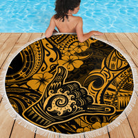 Hawaii Shaka Sign Beach Blanket With Polynesian Hibiscus Gold Unique - Wonder Print Shop