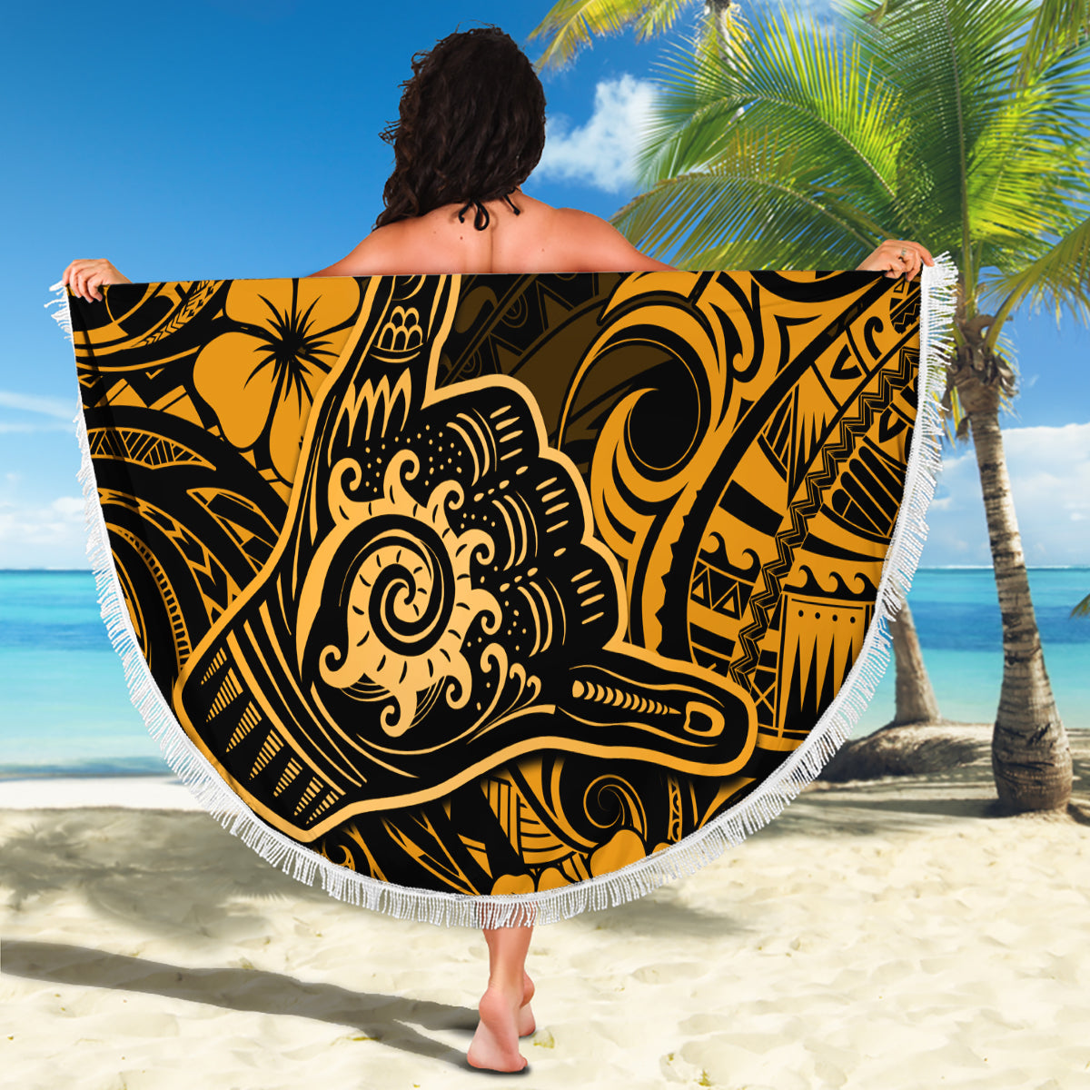 Hawaii Shaka Sign Beach Blanket With Polynesian Hibiscus Gold Unique - Wonder Print Shop