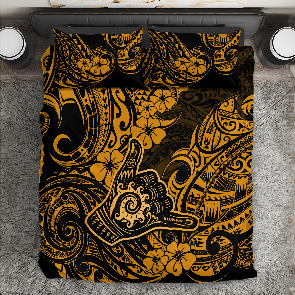 Hawaii Shaka Sign Bedding Set With Polynesian Hibiscus Gold Unique - Wonder Print Shop